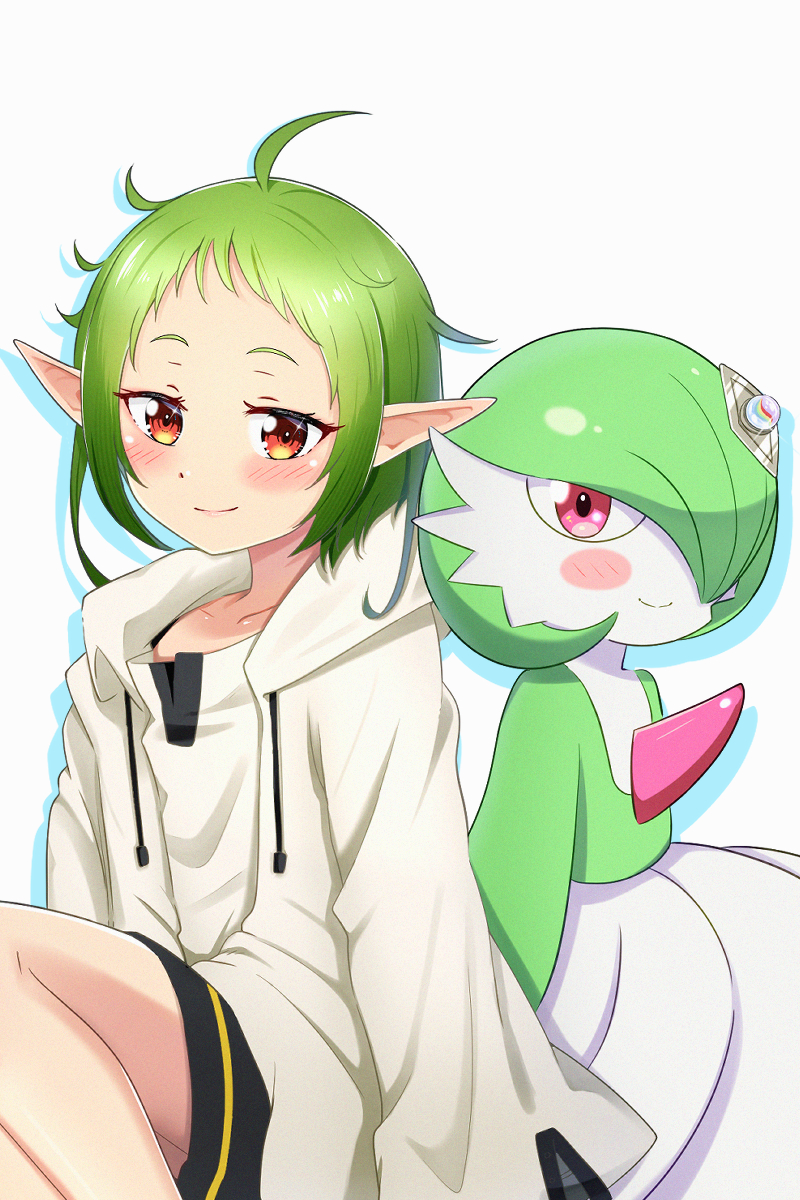 aikousha (ico-sha), gardevoir, sylphiette (mushoku tensei), mushoku tensei, nintendo, pokemon, pokemon (anime), poketoon, 2girls, ahoge, black shorts, blush, blush stickers, bob cut, closed mouth, collarbone, colored skin, drawstring, drop shadow, elf, female focus, flat chest, gen 3 pokemon, green hair, green skin, hair over one eye, happy, hood, hood down, hooded jacket, jacket, long sleeves, looking at viewer, multicolored skin, multiple girls, one eye covered, open clothes, open jacket, pointy ears, pokemon (creature), red eyes, shirt, short hair, short shorts, shorts, sidelocks, simple background, sitting, smile, two-tone skin, white background, white jacket, white shirt, white skin, yellow trim