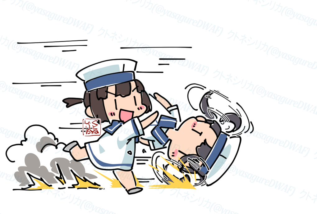 kutone shirika, daitou (kancolle), shounan (kancolle), kantai collection, 2girls, artist logo, blue sailor collar, bob cut, dated, dress, full body, hat, logo, multiple girls, ponytail, rolling, running, sailor collar, sailor dress, sailor hat, short ponytail, twintails, white dress, white hat, | |