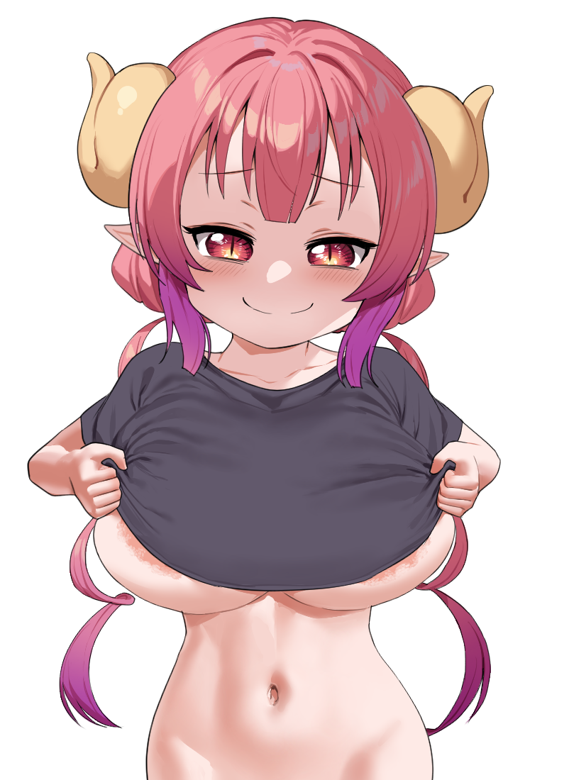 kibi fukase, ilulu (maidragon), kobayashi-san chi no maidragon, commentary, variant set, 1girl, areola slip, black shirt, blush, breasts, clothes lift, dragon horns, furrowed brow, horns, huge breasts, lifting own clothes, long hair, looking at viewer, navel, oppai loli, out-of-frame censoring, pointy ears, red eyes, red hair, shirt, shirt lift, short sleeves, simple background, slit pupils, smile, smug, solo, stomach, t-shirt, upper body, white background