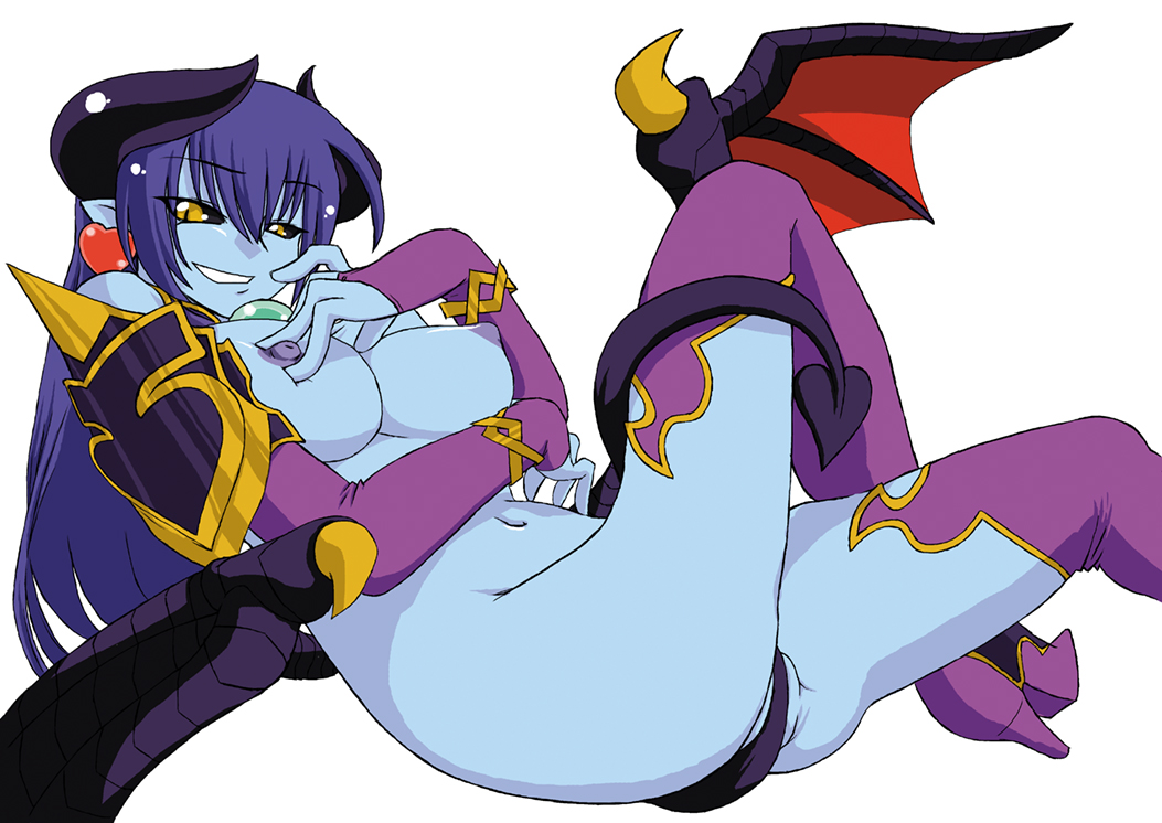 astaroth (shinrabanshou), shinrabanshou, armor, ass, blue hair, blue skin, breasts, colored skin, demon girl, earrings, horns, jewelry, nipples, pussy, smile, tail, wings, yellow eyes