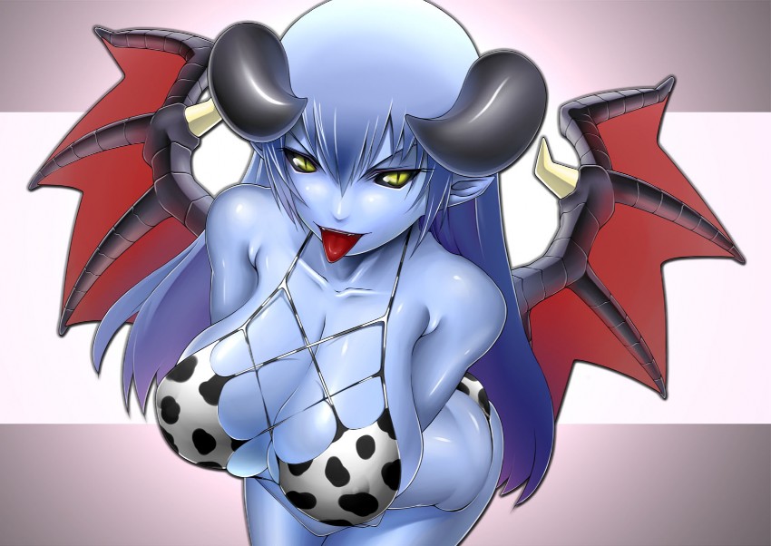 astaroth (shinrabanshou), shinrabanshou, animal print, bikini, blue hair, blue skin, breasts, cleavage, colored skin, cow print, demon girl, horns, pointy ears, swimsuit, tongue, wings, yellow eyes