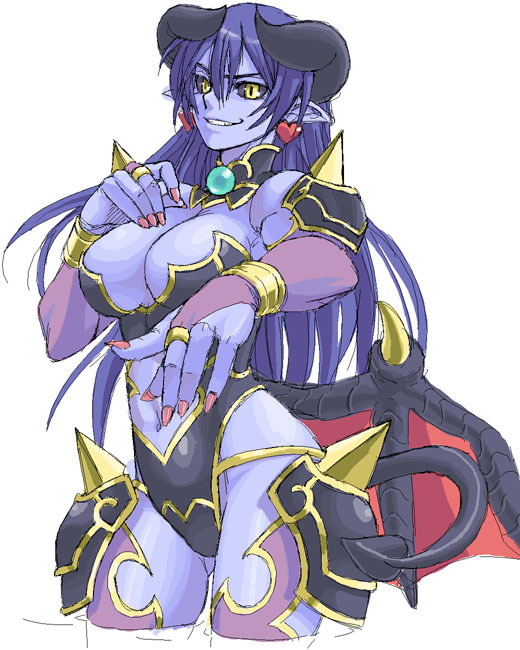 satou atsuki, astaroth (shinrabanshou), shinrabanshou, 1girl, armor, blue hair, blue skin, breasts, cleavage, colored skin, demon girl, female focus, fingernails, horns, large breasts, long fingernails, solo, tail, wings, yellow eyes