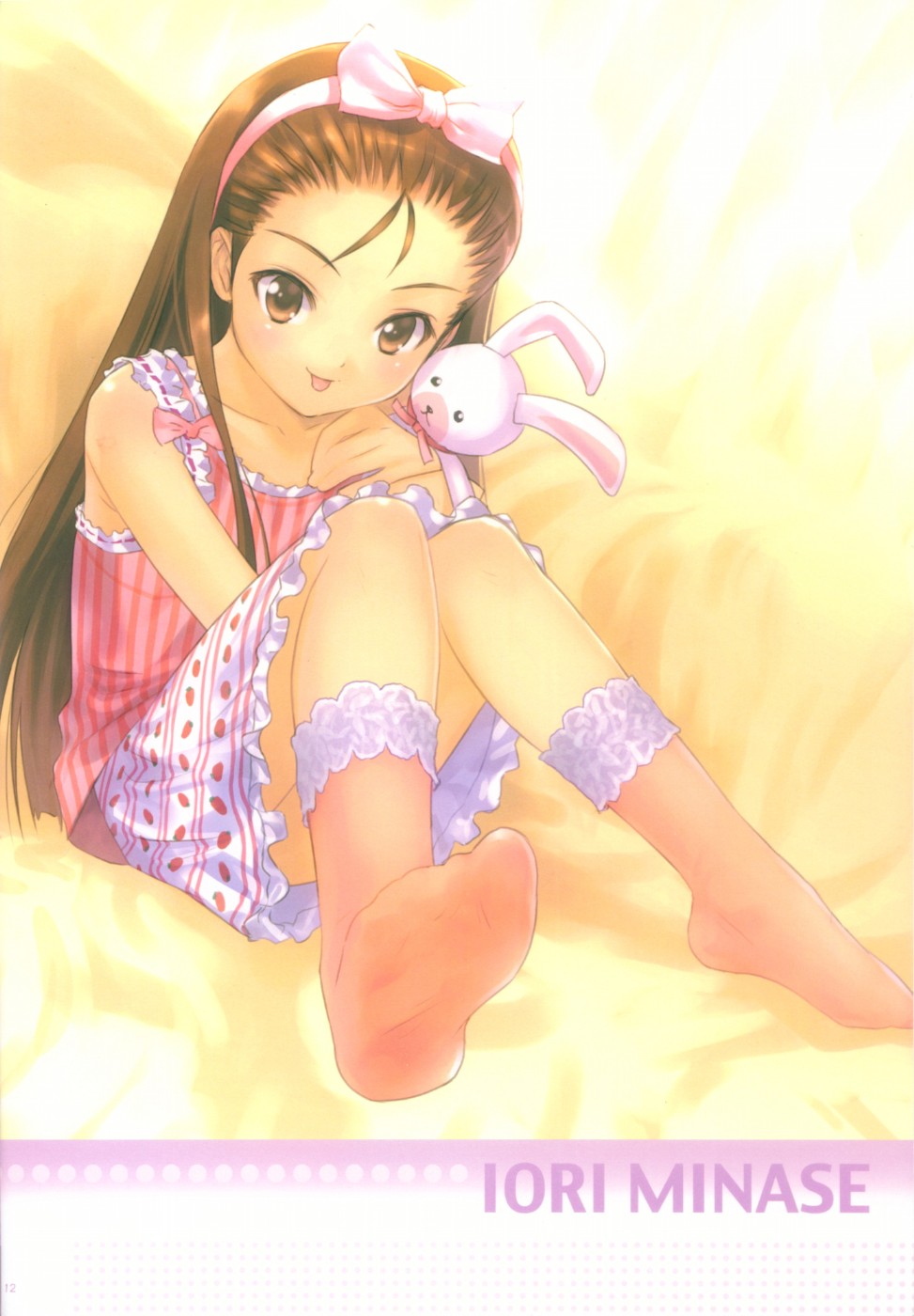 goto p, minase iori, idolmaster, idolmaster (classic), highres, 00s, 1girl, :p, brown eyes, brown hair, child, feet, female focus, food print, fruit print, rabbit, socks, solo, strawberry print, stuffed animal, stuffed rabbit, stuffed toy, tongue, tongue out