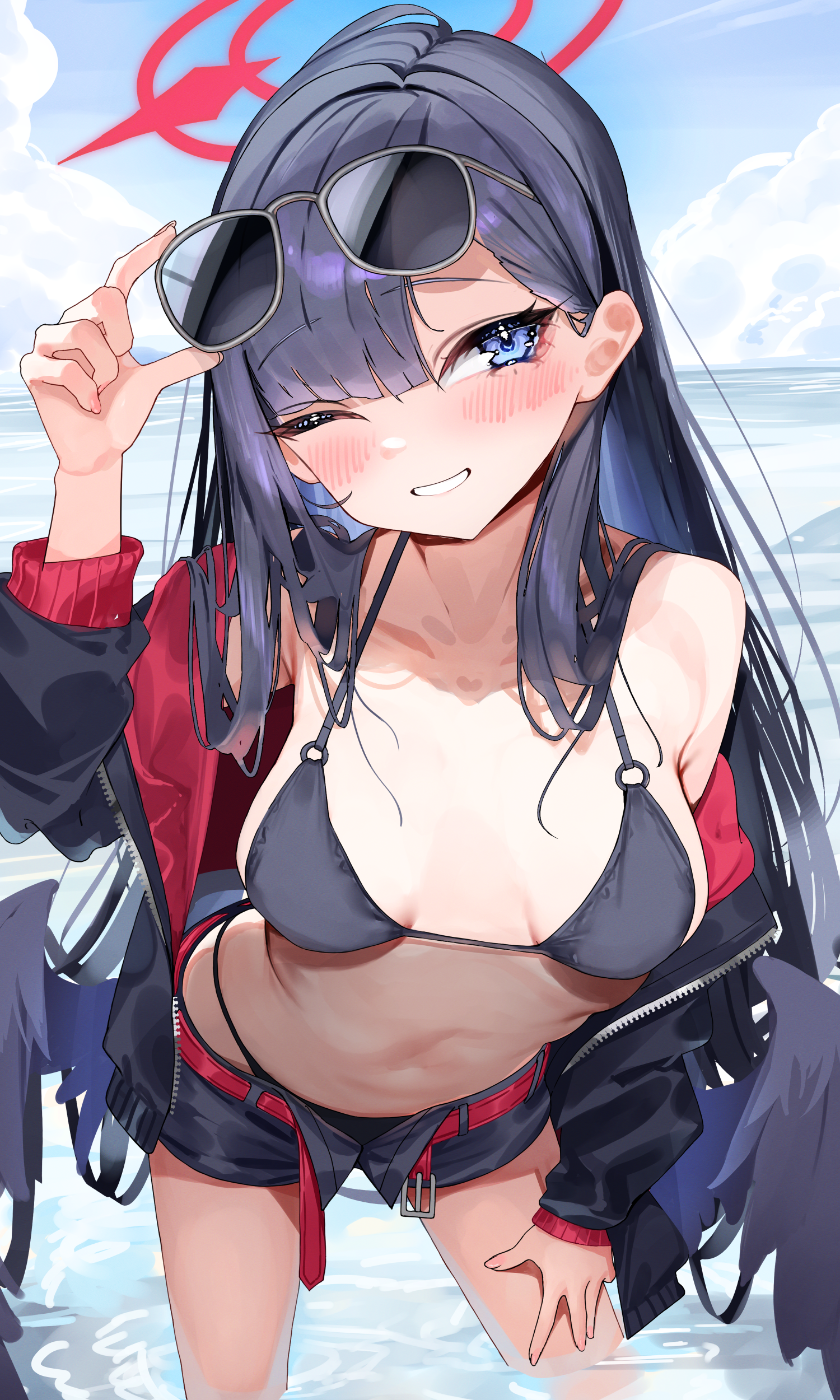 lumium, ichika (blue archive), ichika (swimsuit) (blue archive), blue archive, absurdres, highres, 1girl, adjusting eyewear, belt, bikini, bikini bottom under shorts, bikini under clothes, black bikini, black hair, black jacket, black shorts, black wings, eyewear on head, feathered wings, halo, hand on eyewear, jacket, long hair, looking at viewer, low wings, o-ring, o-ring bikini, o-ring top, off shoulder, official alternate costume, one eye closed, open clothes, open mouth, open shorts, partially submerged, red belt, red halo, shorts, smile, sunglasses, swimsuit, unusually open eyes, wings