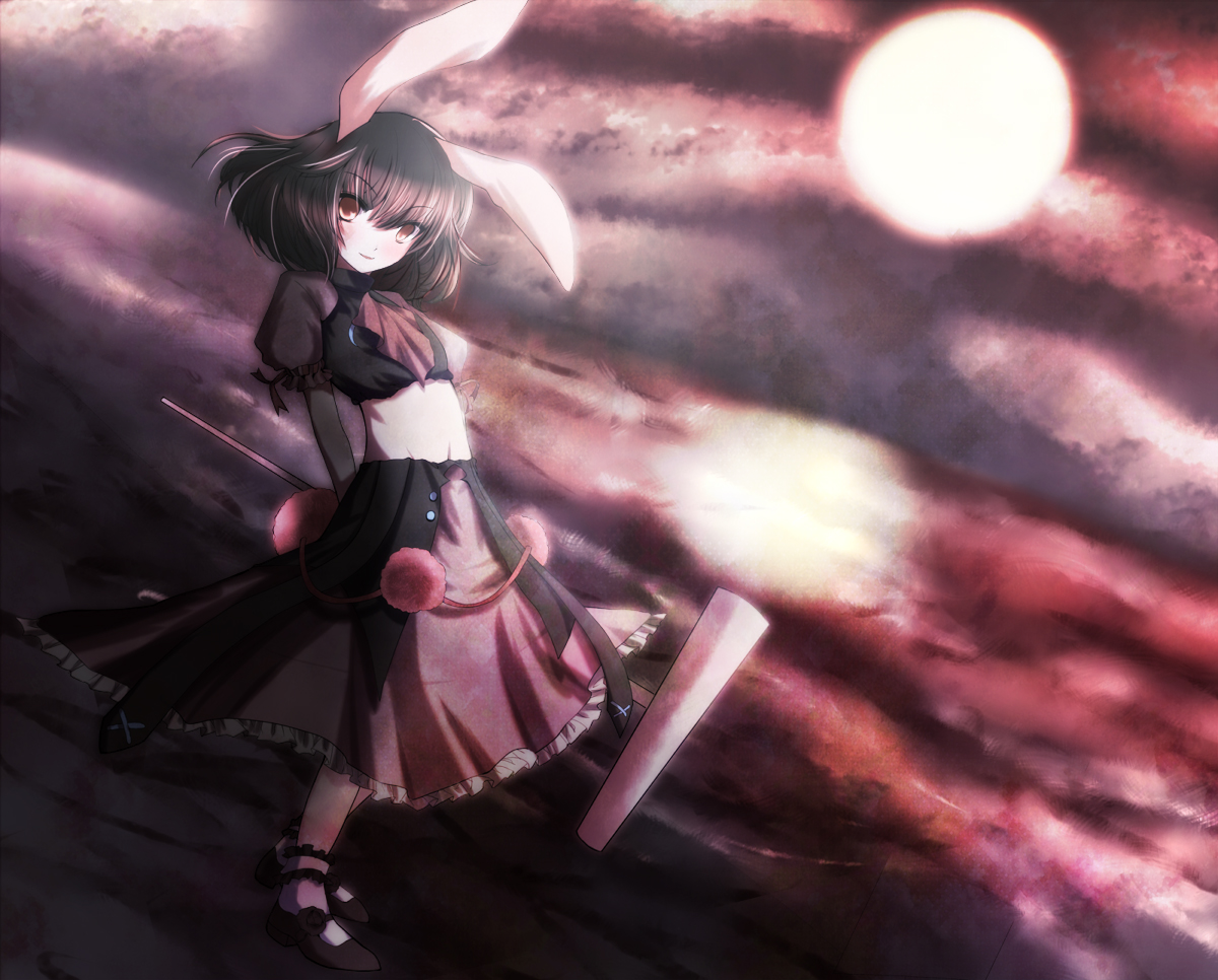 non (nobu), inaba tewi, touhou, bad id, bad pixiv id, 1girl, alternate costume, animal ears, brown hair, female focus, full moon, kine, mallet, moon, rabbit ears, reflection, short hair, socks, solo, striped clothes, striped socks