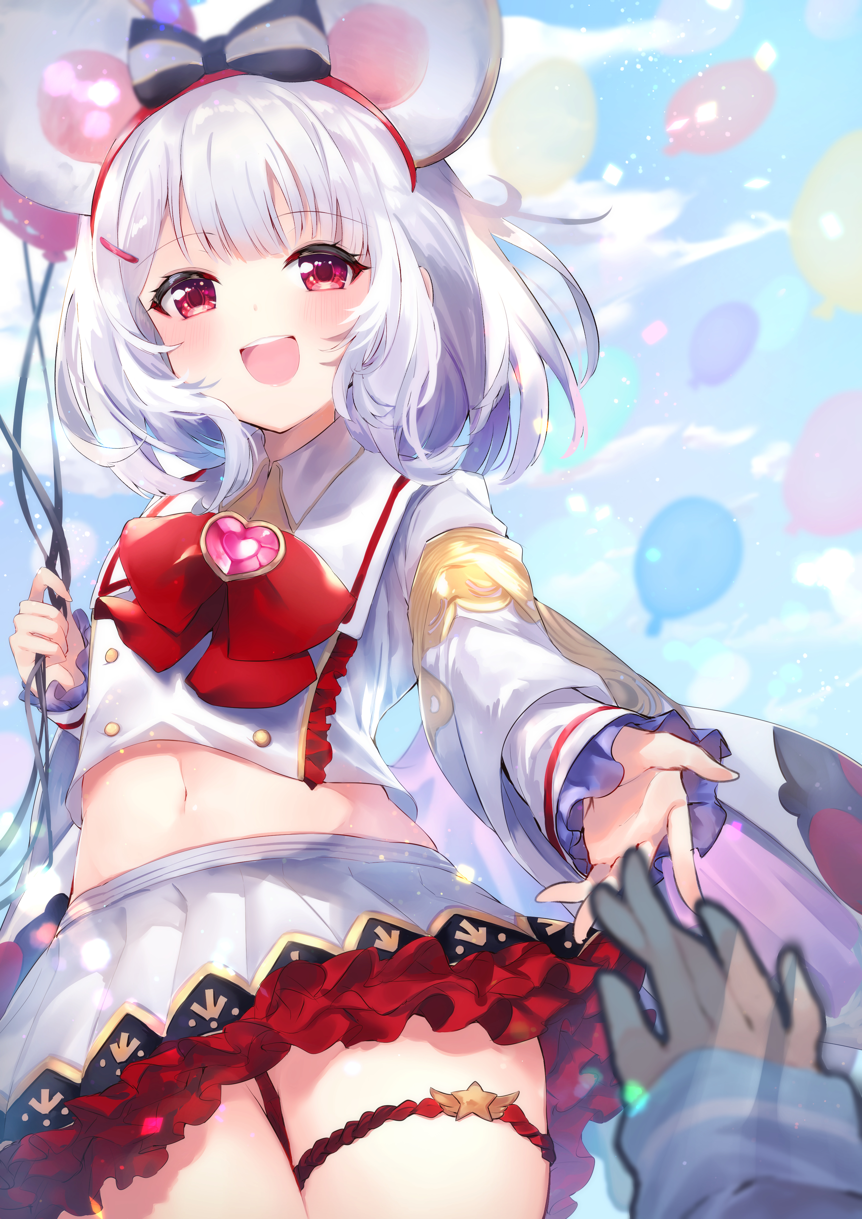 40 (0f0urw), vikala (event) (granblue fantasy), vikala (granblue fantasy), granblue fantasy, absurdres, commentary request, highres, 2girls, :d, animal ears, balloon, blue sky, bow, cowboy shot, fake animal ears, female pov, heart, long sleeves, looking at viewer, mouse ears, multiple girls, navel, open mouth, pov, reaching, reaching towards viewer, red eyes, sky, smile, solo focus, thigh strap, white hair