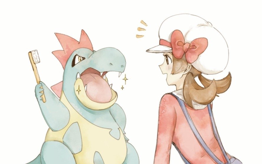 asuka rkgk, croconaw, lyra (pokemon), nintendo, pokemon, pokemon hgss, commentary, symbol-only commentary, 1girl, :d, blush, bow, brown hair, gen 2 pokemon, hand up, happy, hat, hat bow, holding, holding toothbrush, notice lines, open mouth, pokemon (creature), red bow, shirt, simple background, smile, sparkle, toothbrush, twintails, white background, white hat, yellow eyes