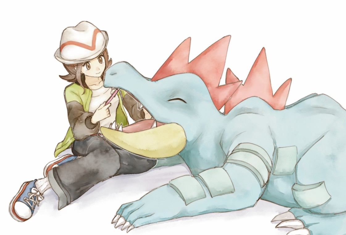 asuka rkgk, feraligatr, harmony (pokemon), nintendo, pokemon, pokemon legends: z-a, commentary, symbol-only commentary, 1girl, blue shoes, brown eyes, brown hair, brushing teeth, closed mouth, collarbone, gen 2 pokemon, green jacket, hat, holding, holding toothbrush, jacket, long sleeves, open clothes, open jacket, pants, pokemon (creature), ribbed socks, shirt, shoes, sidelocks, simple background, sitting, smile, socks, toothbrush, white background, white hat, white shirt, white socks