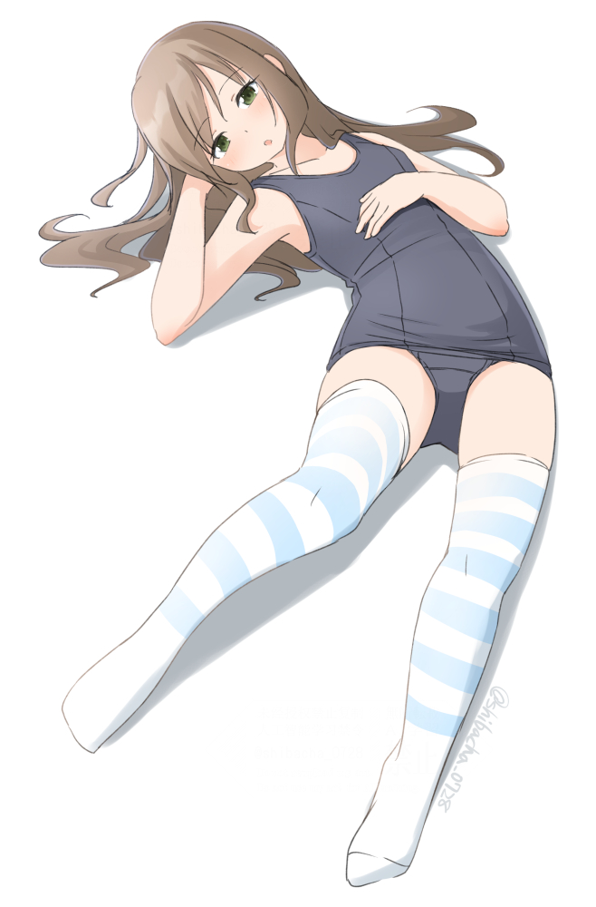 shibacha, original, 1girl, black one-piece swimsuit, blue thighhighs, brown hair, flat chest, full body, green eyes, hand on own chest, long hair, lying, old school swimsuit, one-piece swimsuit, school swimsuit, solo, striped clothes, striped thighhighs, swimsuit, thighhighs