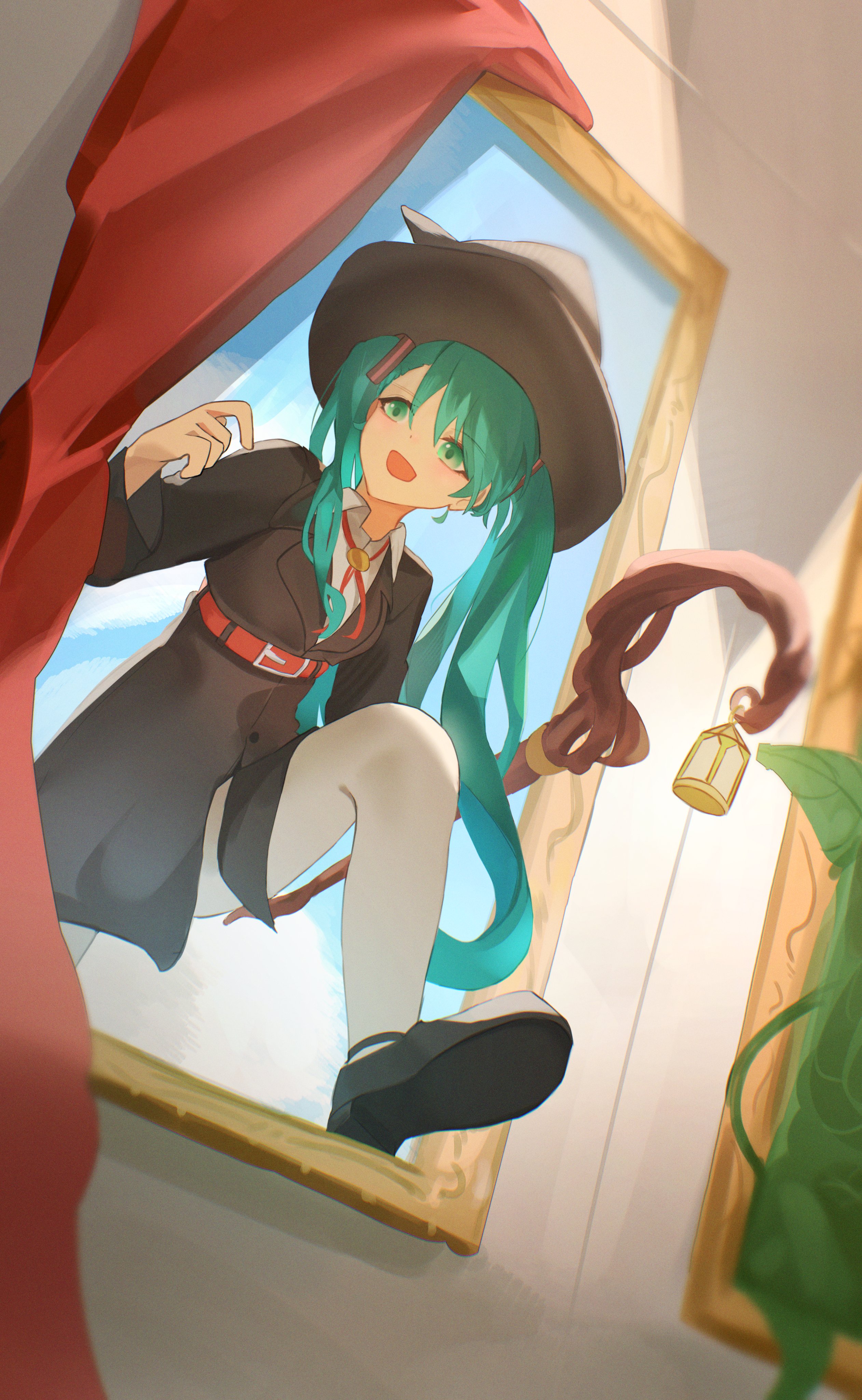 hatsune miku, vocaloid, absurdres, highres, 1girl, aqua hair, belt, black shoes, blue sky, blush, brown coat, brown hat, buttons, cloud, coat, collared coat, collared shirt, curtains, facing viewer, from below, green eyes, hair between eyes, hair ornament, hair over shoulder, hairclip, hat, holding, holding staff, ky nebu (ky.nee), lantern, large hat, long hair, looking to the side, mage staff, mary janes, open mouth, painting (object), pantyhose, parted bangs, plant, red belt, red ribbon, ribbon, shirt, shoes, sky, smile, solo, staff, through medium, through painting, twintails, waistband, white pantyhose, white shirt, witch hat
