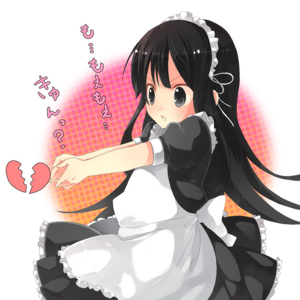 hase neet, ocha dukemaru, akiyama mio, k-on!, bad id, bad pixiv id, 00s, 1girl, alternate costume, black hair, broken heart, enmaided, failure, female focus, heart, long hair, maid, moe moe kyun!, solo, you're doing it wrong