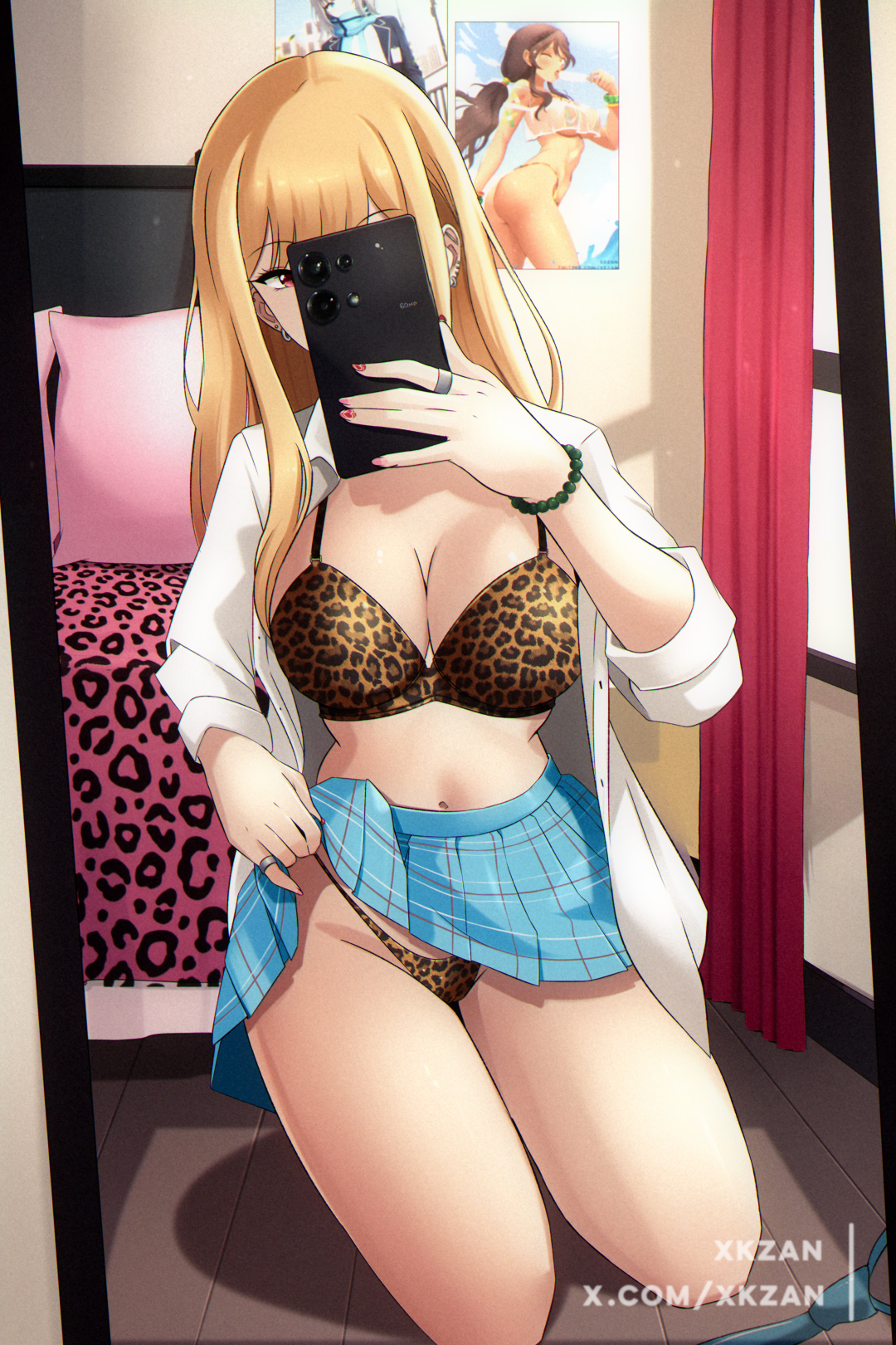 xkzan, andromeda (fate), andromeda (second ascension) (fate), kitagawa marin, shiroko (blue archive), blue archive, fate/grand order, fate (series), sono bisque doll wa koi wo suru, commentary request, highres, revision, 1girl, animal print, bead bracelet, beads, bedroom, black choker, black socks, blonde hair, blue skirt, bra, bracelet, breasts, cameltoe, cellphone, choker, cleavage, clothes lift, covering face, curtains, gyaru, holding, holding phone, indoors, jewelry, kneeling, leopard print, lifting own clothes, looking at viewer, lying, miniskirt, mirror selfie, on side, open clothes, open shirt, panties, phone, phone over face, poster (object), print bra, print panties, red eyes, red nails, ring, selfie, shirt, skirt, skirt lift, smartphone, socks, thighs, underwear, white shirt, window