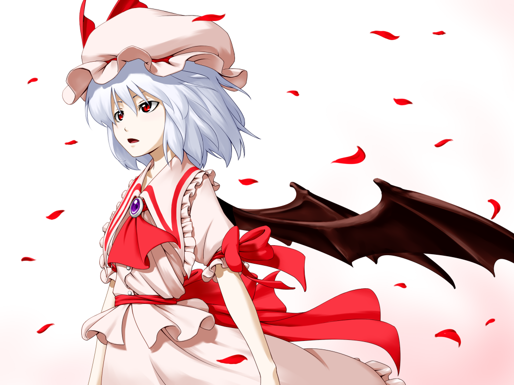 kentairui, remilia scarlet, touhou, 1girl, bat wings, female focus, gradient background, hat, open mouth, petals, red eyes, rose petals, short hair, solo, wind, wings