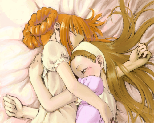minase iori, takatsuki yayoi, idolmaster, idolmaster (classic), lowres, 00s, 2girls, alternate hairstyle, bed, blush, brown hair, closed eyes, female focus, happy, hug, long hair, lying, multiple girls, oekaki, orange hair, pajamas, short sleeves, smile