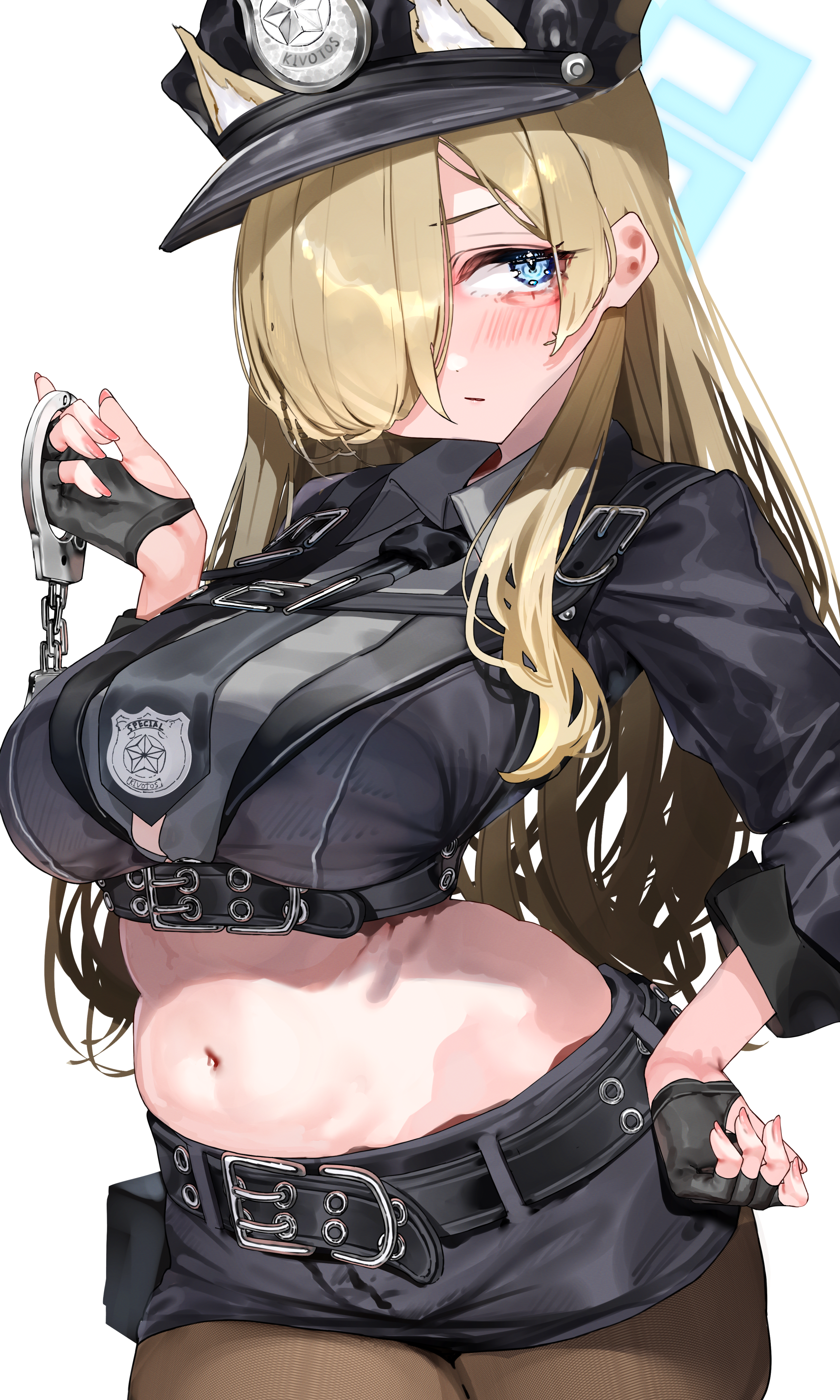 lumium, kanna (blue archive), blue archive, absurdres, highres, 1girl, alternate costume, animal ears, belt, black hair, blonde hair, blue halo, chest belt, crop top, cuffs, dog ears, dog girl, extra ears, fingerless gloves, gloves, hair over one eye, halo, handcuffs, hat, long hair, navel, necktie, peaked cap, pencil skirt, police, police hat, police uniform, policewoman, short necktie, skirt, solo, white background