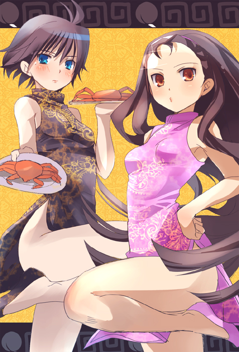 kikuchi makoto, minase iori, idolmaster, idolmaster xenoglossia, 00s, antenna hair, black hair, blue eyes, blush, brown eyes, china dress, chinese clothes, crab, crustacean, dress, hand on own hip, hip focus, leg lift, plate, shoes, side slit, tray, waitress