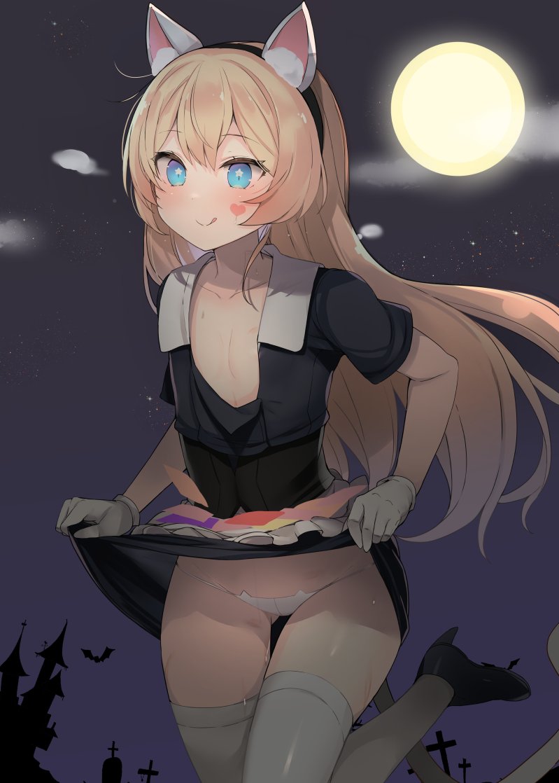 shin (new), jervis (halloween) (kancolle), jervis (kancolle), kantai collection, commentary request, 1girl, animal ears, black shirt, blonde hair, blue eyes, castle, cat ears, cat tail, clothes lift, full moon, gloves, gluteal fold, long hair, moon, night, open clothes, open shirt, panties, shirt, silhouette, skirt, skirt lift, solo, tail, thigh gap, thighhighs, underwear, white gloves, white panties, white thighhighs
