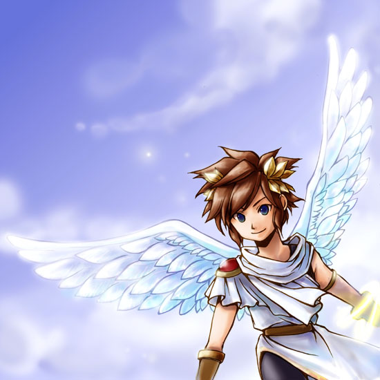 fuju, pit (kid icarus), kid icarus, 1boy, bracer, brown hair, cloud, gloves, male focus, solo, wings, wristband