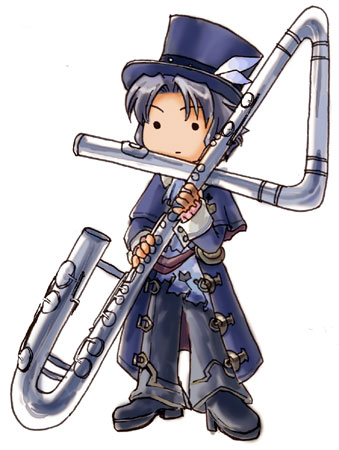 eternal, fuju, frederic chopin (trusty bell), trusty bell, lowres, 1boy, bass flute, chibi, flute, full body, hat, instrument, male focus, simple background, solo, sonata, white background