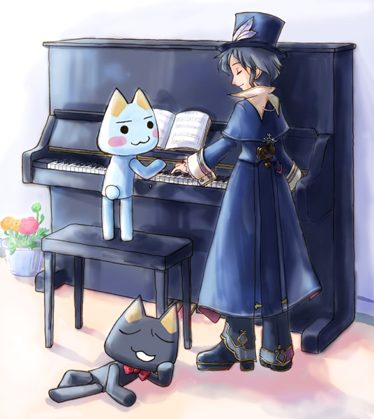 fuju, frederic chopin (trusty bell), inoue toro, kuro (doko demo issyo), doko demo issyo, trusty bell, bad id, bad pixiv id, 1boy, black cat, cat, crossover, instrument, male focus, piano, piano bench, solo, upright piano
