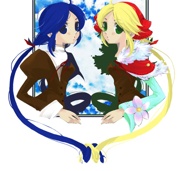 clovercandy, polka (trusty bell), trusty bell, bad id, bad pixiv id, 2girls, :o, blonde hair, blue eyes, fur trim, green eyes, looking at viewer, multiple girls, parted lips, simple background, symmetry, upper body, white background