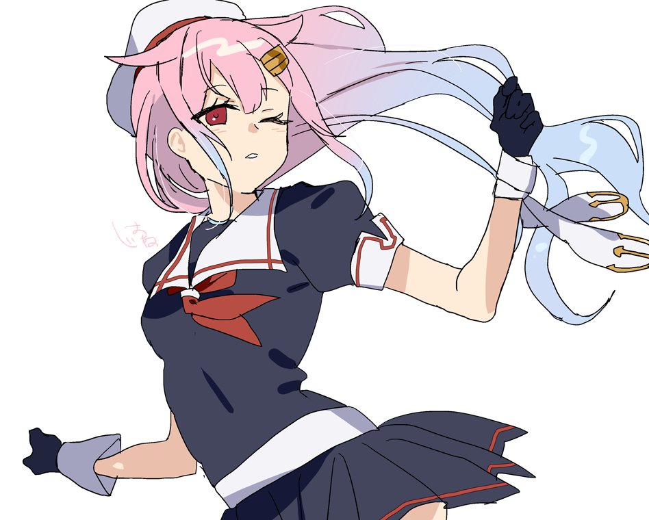 oriharaizaya819, harusame (kancolle), harusame kai ni (kancolle), kantai collection, 1girl, beret, black gloves, black serafuku, black shirt, black skirt, blue hair, cowboy shot, dress, gloves, gradient hair, hair down, hair flaps, hair ornament, hairclip, hat, long hair, multicolored hair, neckerchief, pink hair, pleated dress, red eyes, red neckerchief, sailor collar, sailor shirt, school uniform, serafuku, shirt, skirt, solo, white hat, white sailor collar