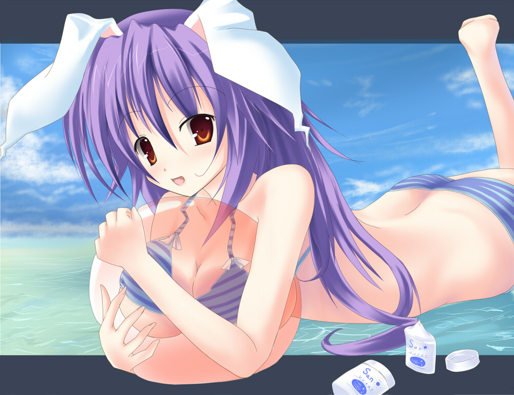 kaminari gin, kannarigin (pixiv), reisen udongein inaba, touhou, bad id, bad pixiv id, 1girl, animal ears, bad anatomy, bad feet, barefoot, bikini, breast press, breasts, female focus, large breasts, poorly drawn, rabbit ears, solo, swimsuit