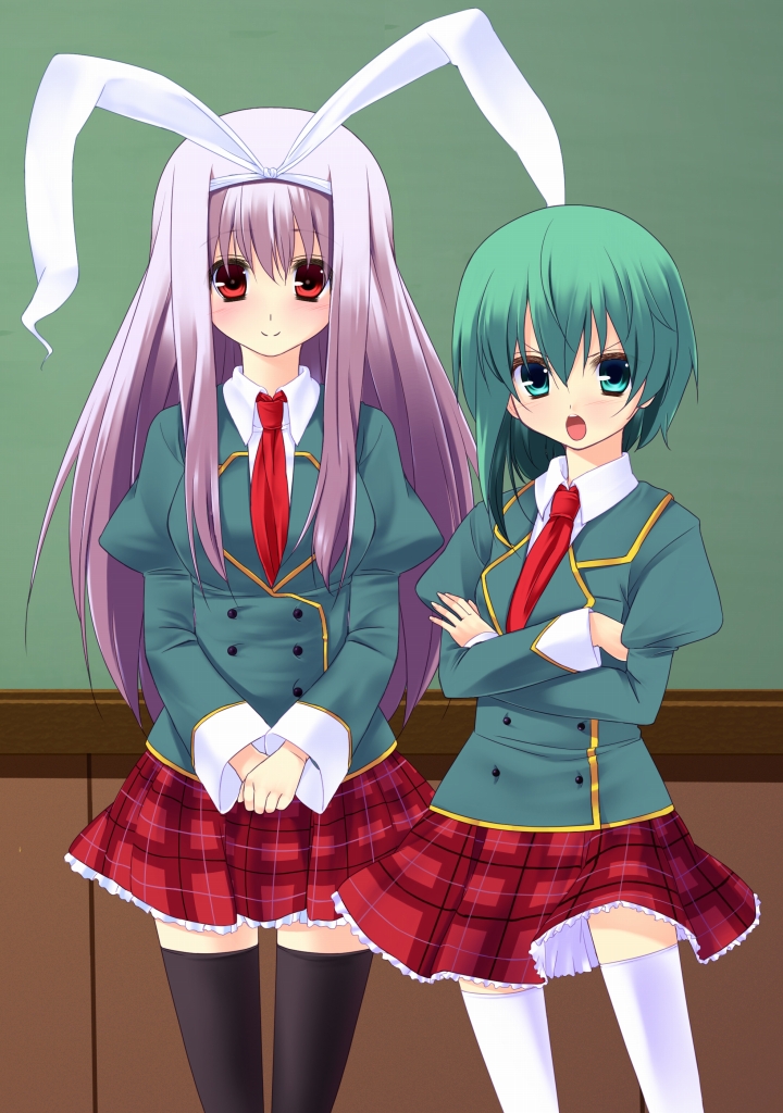 nigo (aozoragarou), reisen udongein inaba, shiki eiki, touhou, 2girls, alternate costume, animal ears, blouse, collared shirt, contemporary, female focus, multiple girls, rabbit ears, school uniform, shirt, skirt, thighhighs, white shirt, zettai ryouiki