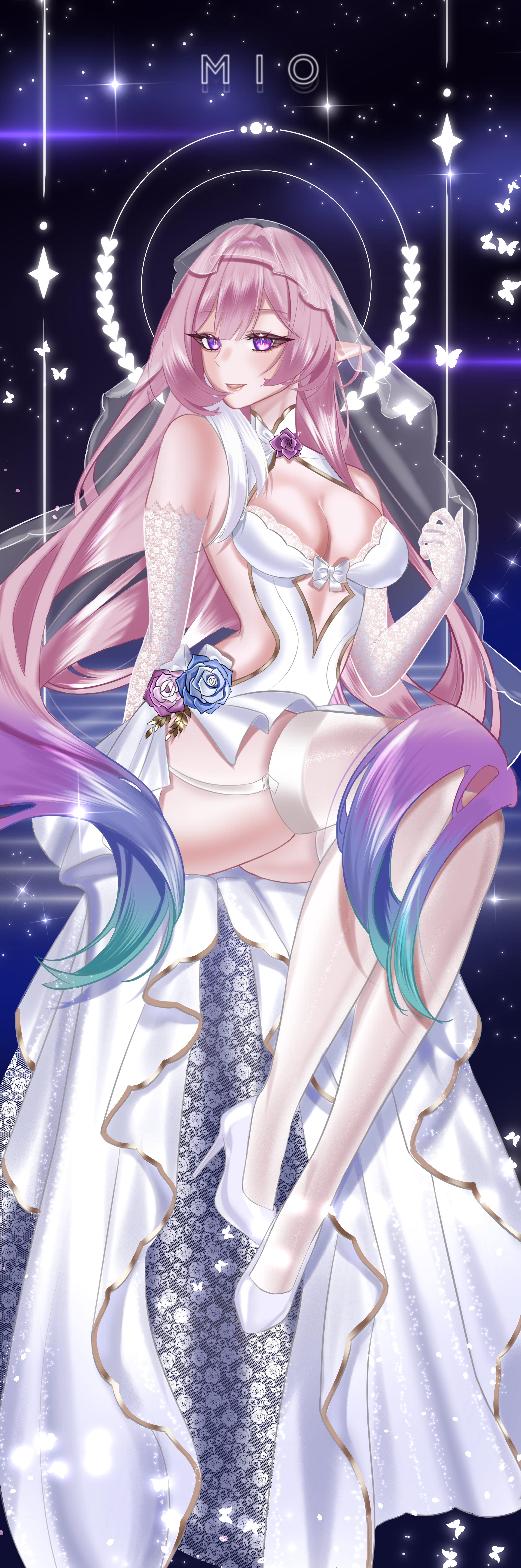 mio (xwyj4552), cyrene (honkai: star rail), cyrene (ripples of past reverie) (honkai: star rail), honkai: star rail, honkai (series), absurdres, commentary, highres, incredibly absurdres, 1girl, alternate costume, breasts, bridal veil, cleavage, diamond-shaped pupils, diamond (shape), elbow gloves, garter straps, gloves, gradient hair, halo, high heels, large breasts, leotard, long hair, multicolored hair, parted lips, pink hair, pointy ears, purple eyes, purple hair, sky, smile, solo, star (sky), starry sky, symbol-shaped pupils, thighhighs, thighs, veil, very long hair, white garter straps, white gloves, white hair, white leotard, white thighhighs