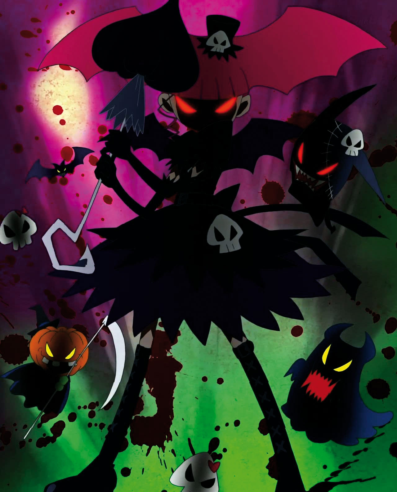 marika (marie & gali), pet (marie & gali), marie & gali, anime screenshot, highres, jpeg artifacts, 00s, 1girl, bat (animal), female focus, ghost, gothic lolita, lolita fashion, pink hair, pumpkin, red hair, scythe, solo, umbrella