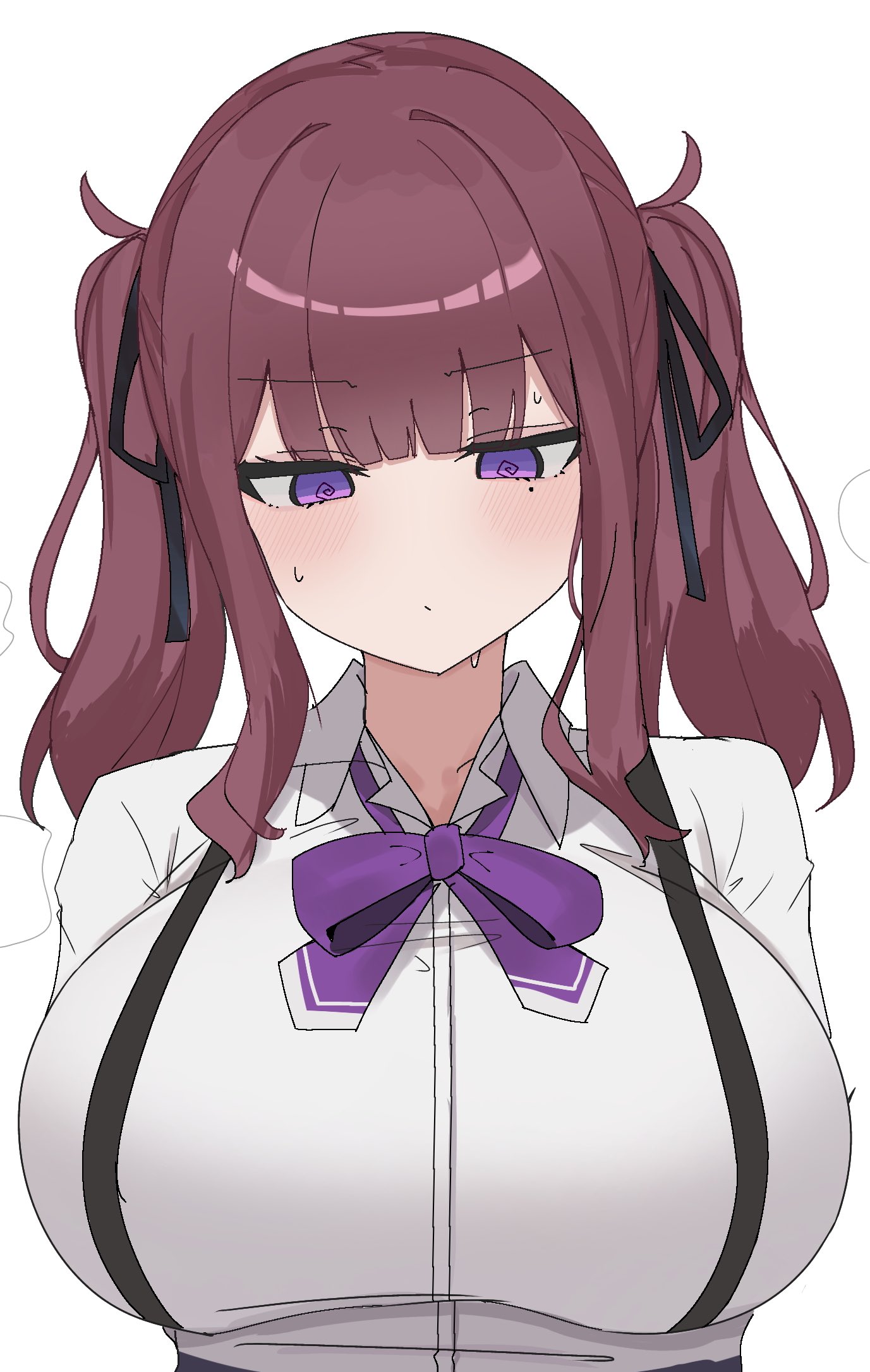 narukami numari, natsuki karin, cevio, highres, 1girl, @ @, black ribbon, bow, breasts, brown hair, collared shirt, hair ribbon, large breasts, light blush, medium hair, mole, mole under eye, purple bow, purple eyes, ribbon, shirt, solo, sweatdrop, twintails, upper body, white background, white shirt