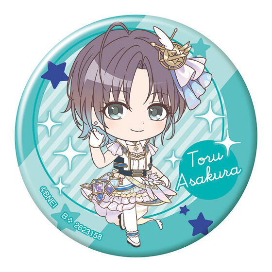 asakura toru, idolmaster, idolmaster shiny colors, official art, 1girl, blue background, blue eyes, blush, dress, gloves, gradient hair, high heels, jewelry, multicolored hair, necklace, rhinestone, shoes, short hair, smile, solo, standing, standing on one leg, star (symbol), white gloves, white shoes