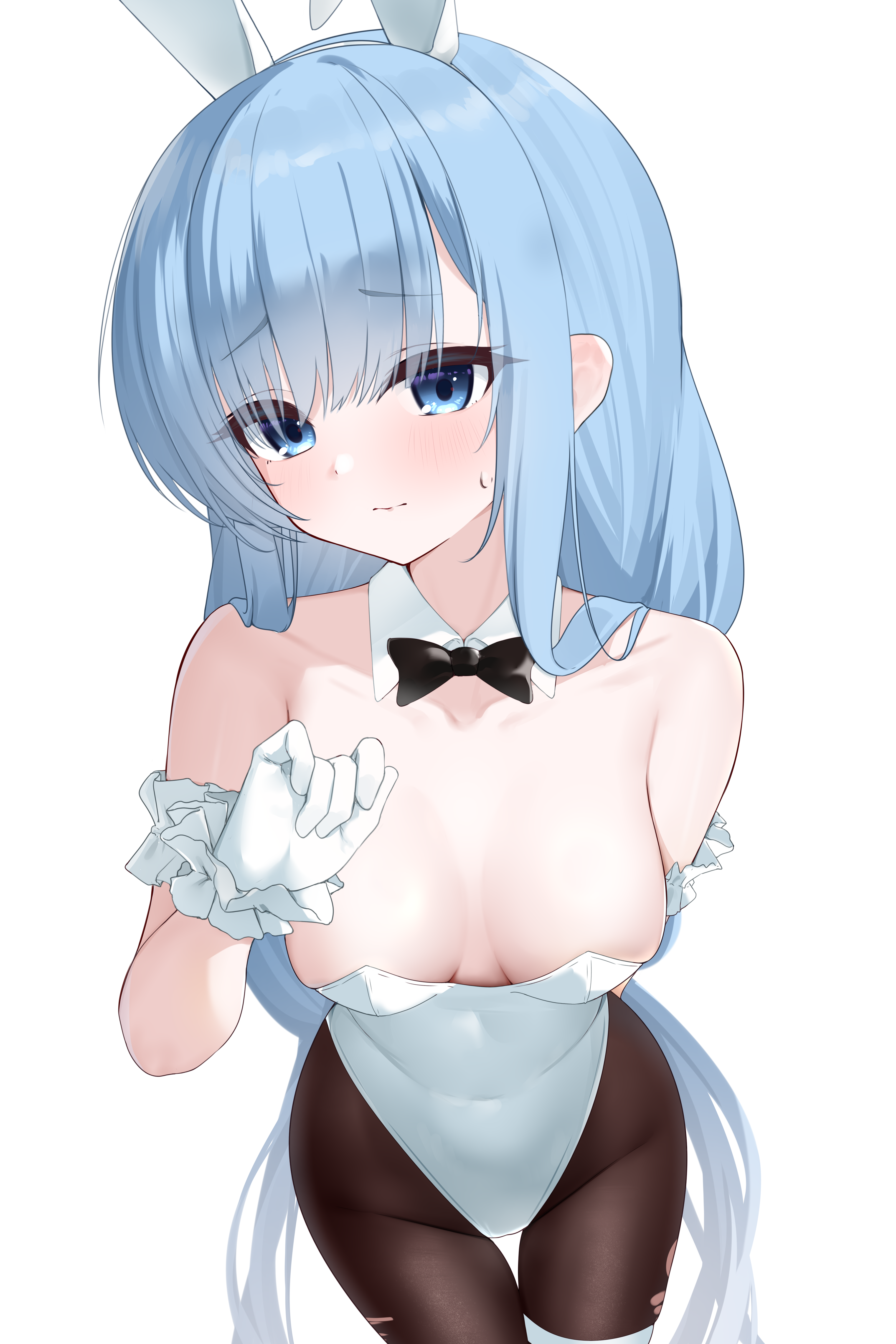 zerotwenty (020), janus (a lesson in billiards) (azur lane), janus (azur lane), azur lane, absurdres, highres, 1girl, animal ears, arm behind back, bare shoulders, black bow, black bowtie, blue eyes, blue hair, blush, bow, bowtie, breasts, cleavage, covered navel, detached collar, embarrassed, from above, gloves, hair between eyes, hand up, highleg, highleg leotard, hip focus, leotard, long hair, looking at viewer, looking up, medium breasts, nervous, pantyhose, playboy bunny, rabbit ears, small breasts, solo, standing, strapless, strapless leotard, thigh gap, very long hair, wavy mouth, white gloves, white leotard