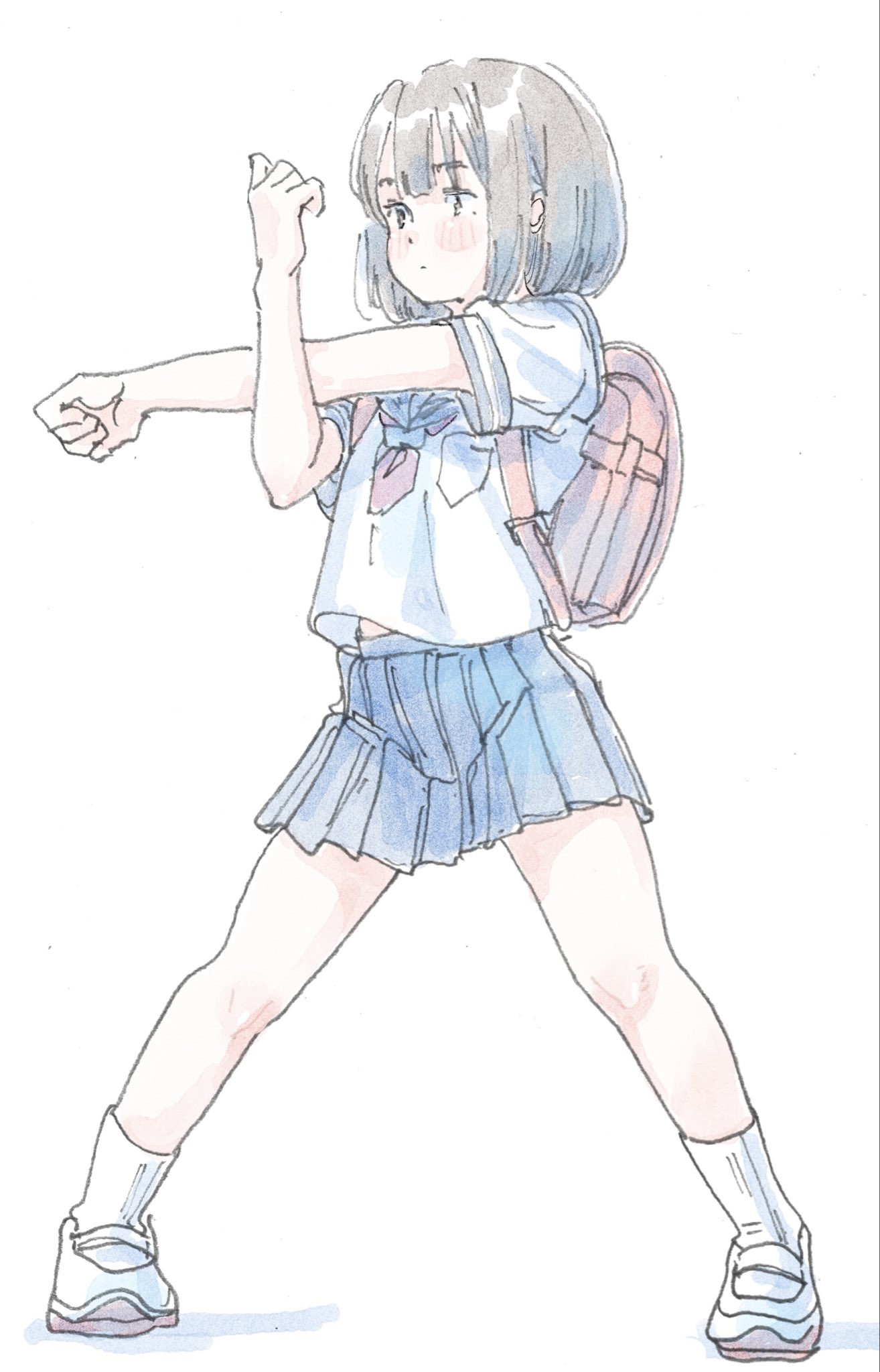 poranka (porankaran), original, commentary, highres, 1girl, backpack, bag, blue sailor collar, blue skirt, blunt bangs, blush, bob cut, bow, bowtie, brown eyes, brown hair, closed mouth, dot mouth, dot nose, double-parted bangs, expressionless, full body, legs apart, loafers, looking ahead, midriff peek, pleated skirt, randoseru, red bow, red bowtie, sailor collar, school uniform, serafuku, shoes, short hair, simple background, skirt, socks, solo, thighs, white background, white shoes, white socks