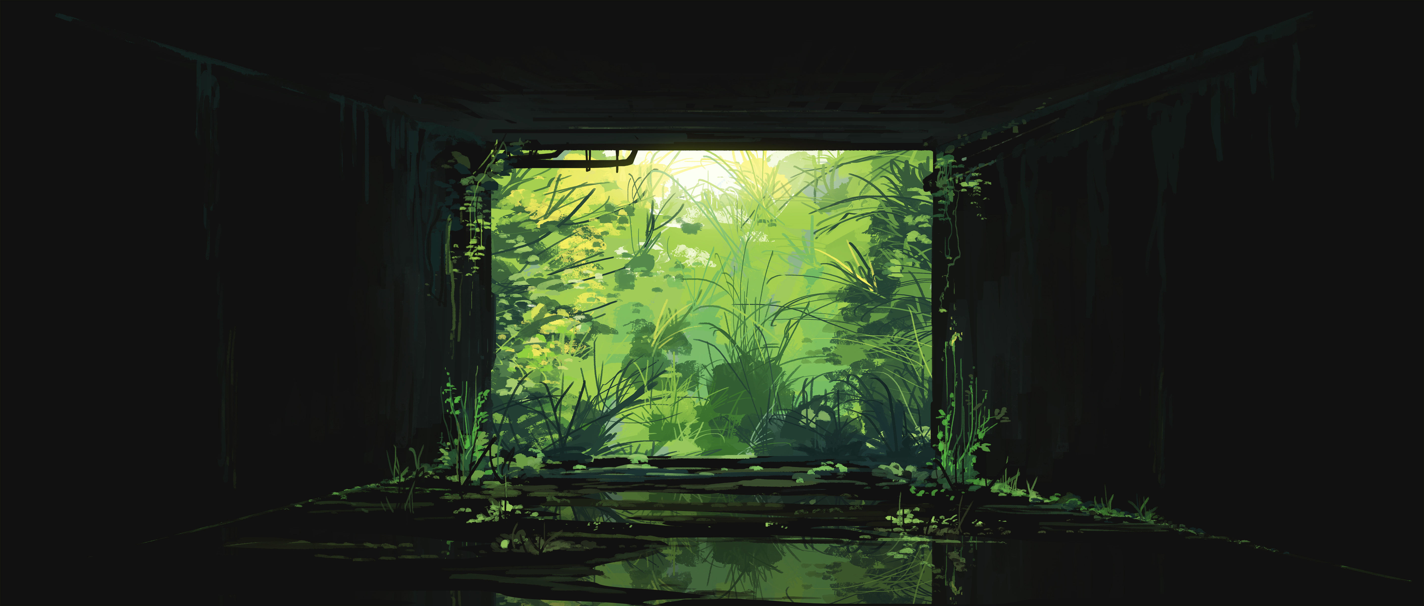 gracile, original, absurdres, highres, concrete, day, industrial pipe, nature, no humans, plant, puddle, reflection, reflective water, under bridge, water