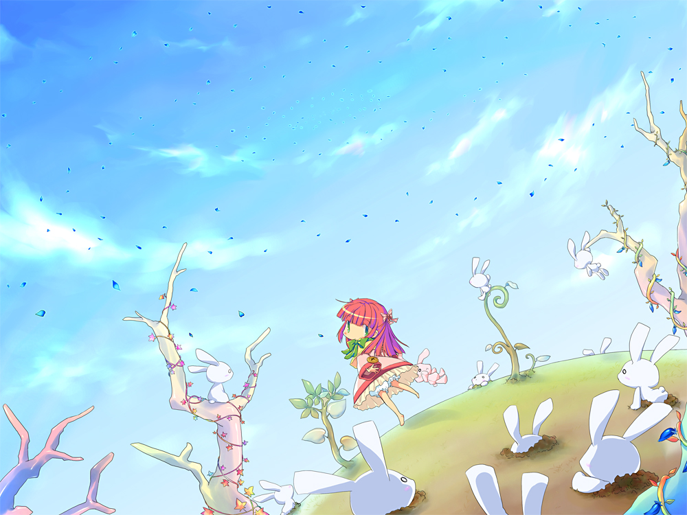 sakurano miya, original, animal, barefoot, bloomers, child, day, dress, rabbit, sky, solo, stuffed animal, stuffed toy, underwear