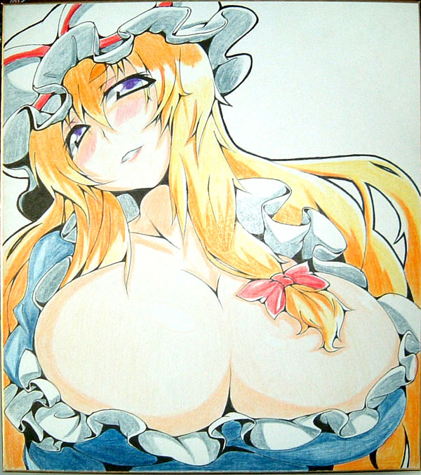 toudori, yakumo yukari, touhou, traditional media, 1girl, blonde hair, blush, breasts, cleavage, female focus, hat, huge breasts, long hair, shikishi, solo