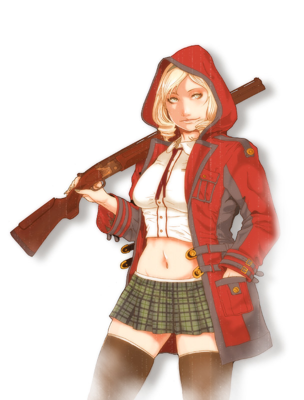 okazuwa shake, original, blonde hair, gun, hood, midriff, short hair, shotgun, skirt, solo, thighhighs, weapon, zettai ryouiki