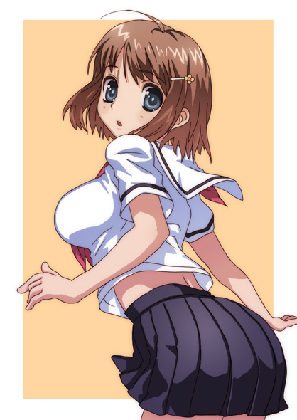 hirose (mokiki), original, character request, 1girl, ahoge, blue eyes, blush, breasts, brown hair, cowboy shot, female focus, from behind, hair ornament, hairclip, large breasts, looking back, midriff, school uniform, short hair, skirt, solo