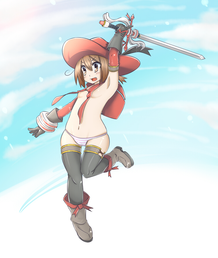 nacl, rian, shokuen shiwe, hinako (issho ni training), capcom, issho ni training, monster hunter (series), monster hunter frontier, bad id, bad pixiv id, 00s, 10s, 1girl, alternate color, armpits, black thighhighs, blush, boots, brown eyes, brown hair, cape, elbow gloves, fang, female focus, flat chest, gauntlets, gloves, hat, leg lift, lien (armor), lowleg, lowleg panties, navel, no pants, panties, pink panties, short hair, solo, standing, striped clothes, striped panties, sword, thigh gap, thighhighs, thighs, underwear, weapon