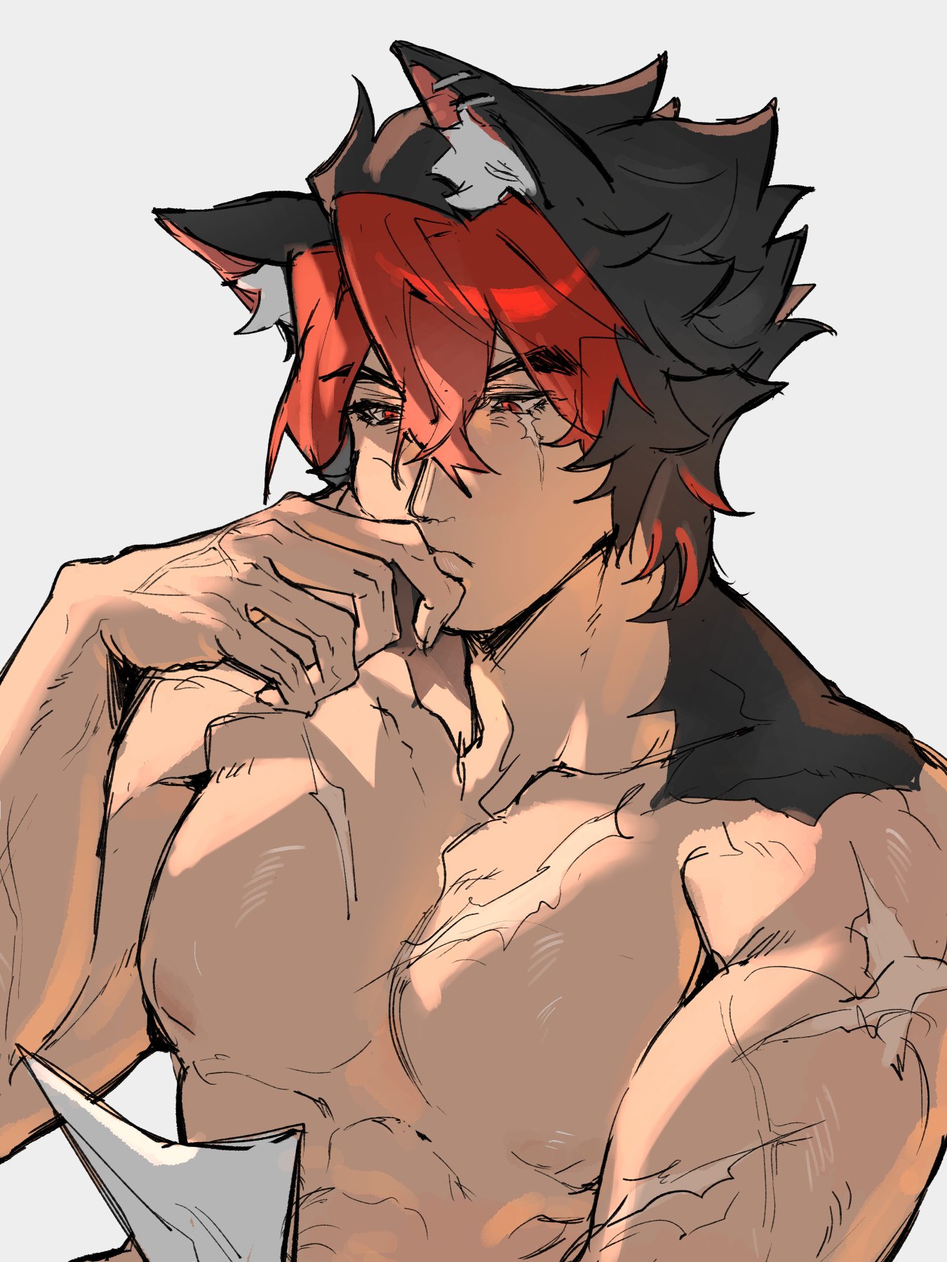 manto art, komano manato, zenless zone zero, commentary request, highres, 1boy, abs, animal ear fluff, animal ears, black hair, body fur, closed mouth, dog boy, dog ears, ear piercing, grey background, hair between eyes, hand on own face, holding, holding paper, looking at object, male focus, multicolored hair, multiple scars, muscular, muscular male, nipples, nude, paper, pectorals, piercing, red eyes, red hair, scar, scar across eye, scar on arm, scar on chest, scar on face, scar on shoulder, short hair, solo, upper body, veins