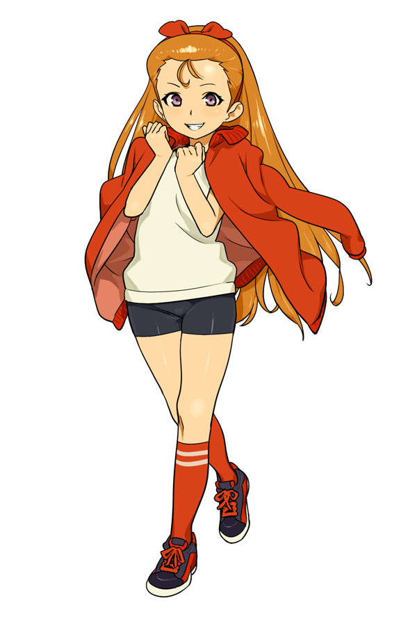 hamanasu, minase iori, idolmaster, idolmaster (classic), bad id, bad pixiv id, 00s, 1girl, bike shorts, blush, brown hair, female focus, full body, grin, latex, long hair, purple eyes, shoes, simple background, smile, sneakers, socks, solo, sportswear