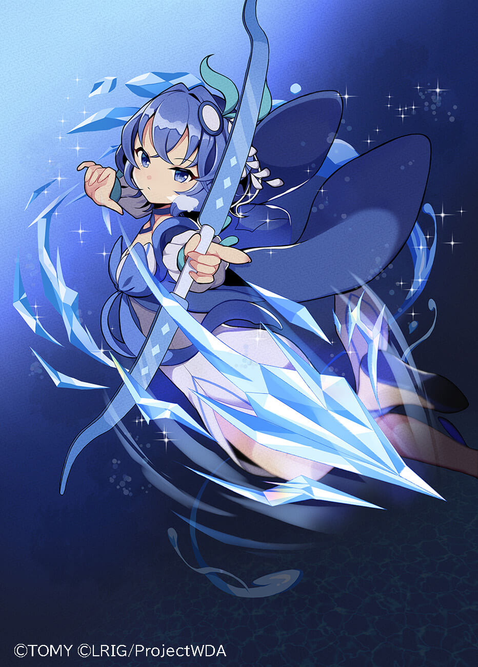 kei s01, piruluk, wixoss, highres, official art, 1girl, blue choker, blue eyes, blue hair, blue shoes, bow (weapon), choker, closed mouth, holding, holding bow (weapon), holding weapon, looking at viewer, medium hair, pointing, pointing at viewer, shoes, solo, weapon