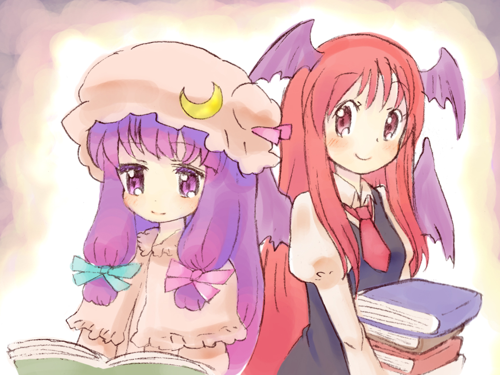 rias-shiki kawaii, koakuma, patchouli knowledge, embodiment of scarlet devil, touhou, bad id, bad pixiv id, 2girls, blush, book, bow, female focus, hat, head wings, long hair, multiple girls, open book, pink bow, purple eyes, purple hair, reading, red eyes, red hair, smile, wings
