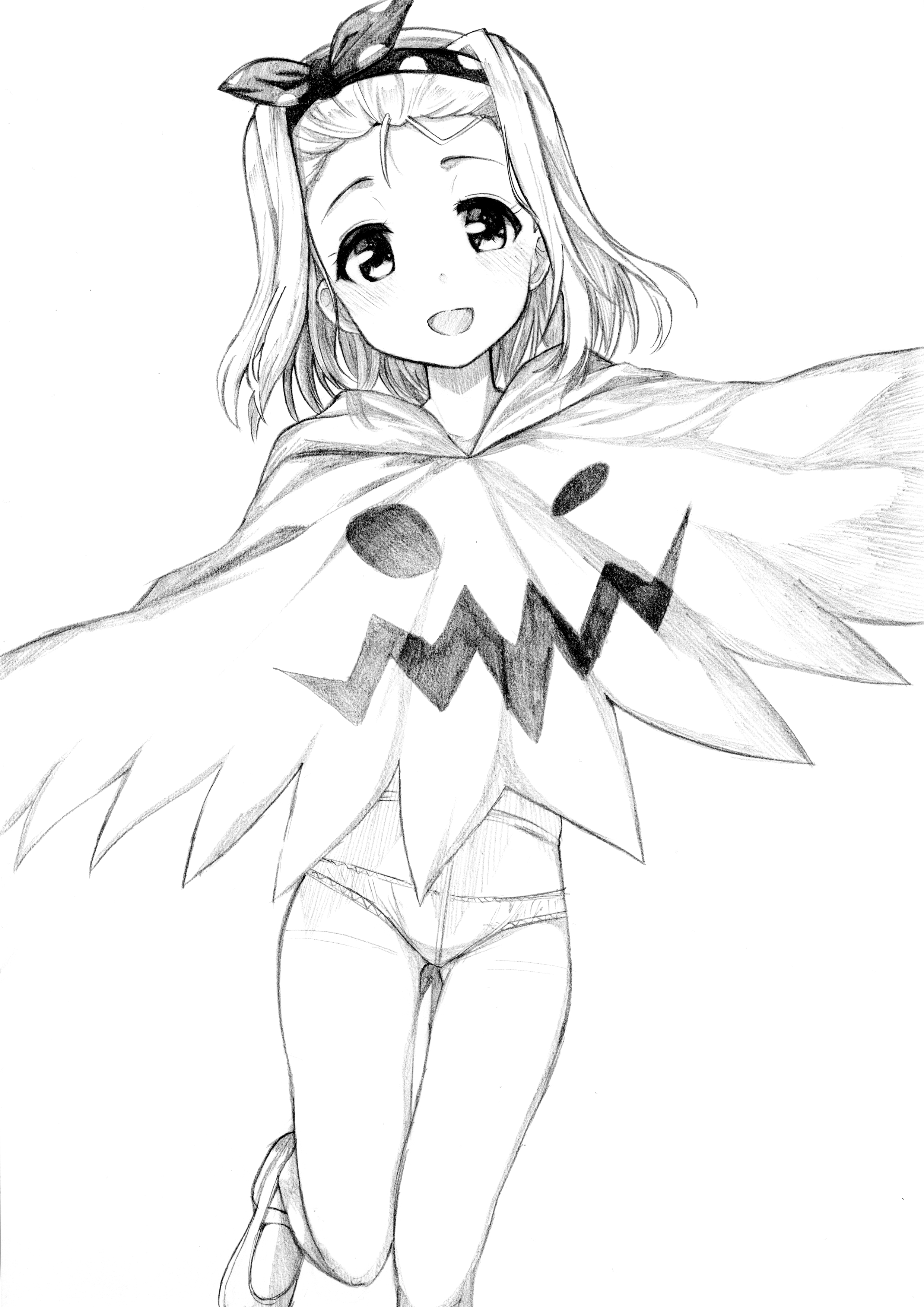 tsuji kazuho, i-504 (kancolle), luigi torelli (halloween) (kancolle), luigi torelli (kancolle), kantai collection, absurdres, highres, 1girl, feet out of frame, ghost costume, greyscale, hairband, hooded dress, looking at viewer, monochrome, outstretched arms, panties, panties under pantyhose, pantyhose, short hair, smile, solo, underwear