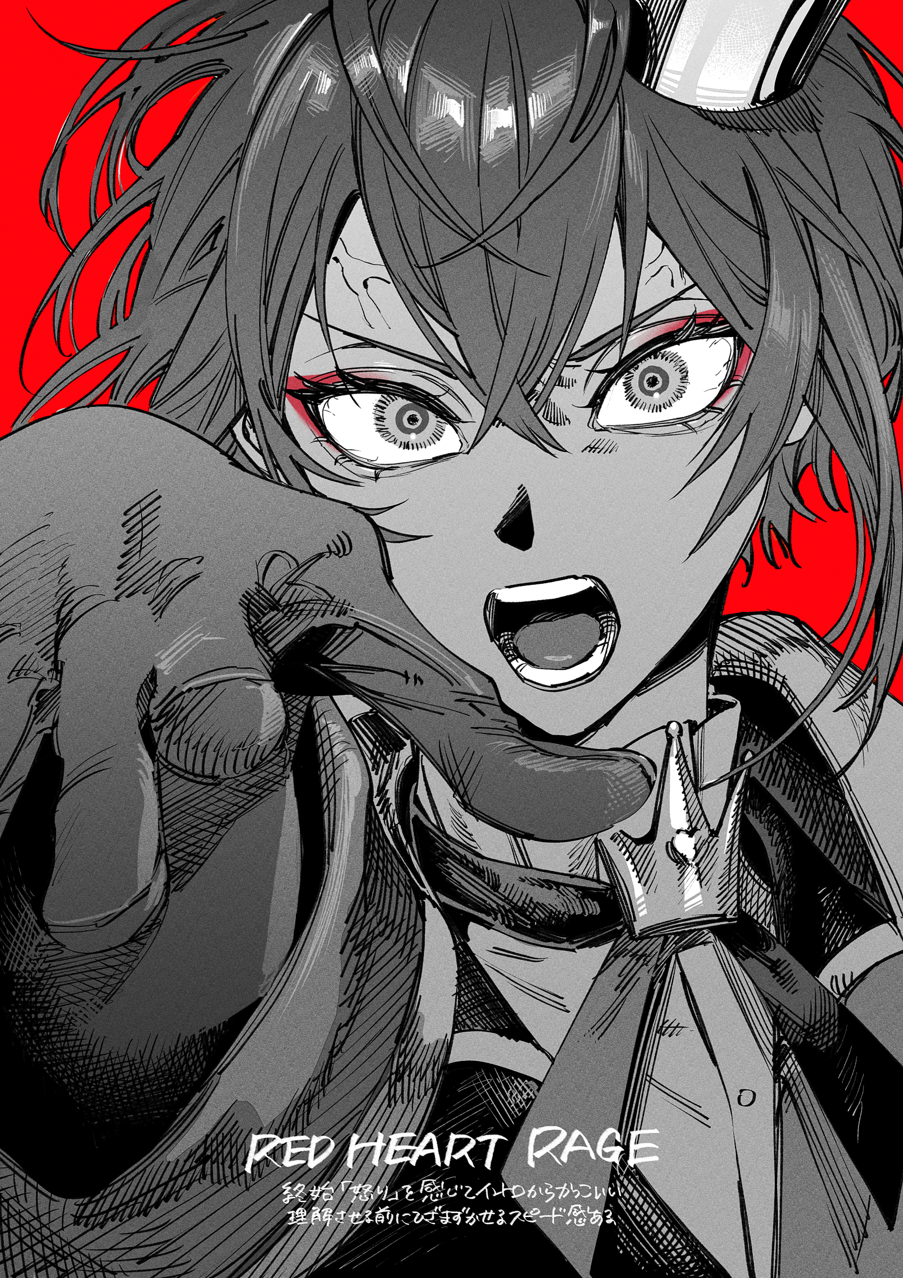 himo (himodayoo), riddle rosehearts, twisted wonderland, absurdres, highres, 1boy, angry, close-up, crown, greyscale, hair between eyes, looking at viewer, monochrome, pointing, pointing at viewer, red background, short hair, shouting, solo, spot color