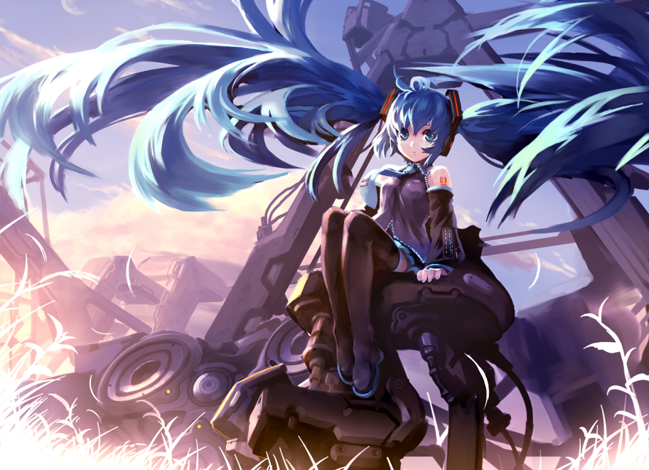 won (toufunokado), hatsune miku, vocaloid, blue eyes, blue hair, detached sleeves, long hair, necktie, sitting, solo, thighhighs, twintails, very long hair, wings