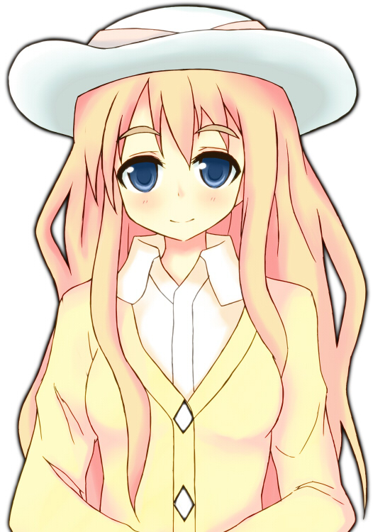 kagami yuu, kotobuki tsumugi, k-on!, 00s, 1girl, blue eyes, blush, brown hair, female focus, hat, long hair, simple background, smile, solo