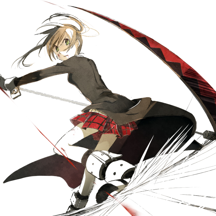 edato, maka albarn, soul eater, bad id, bad pixiv id, 00s, brown hair, from below, green eyes, scythe, skirt, solo, twintails
