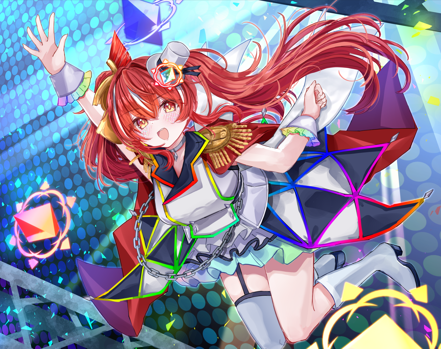 sarasadou dan, "shimei" no chouten greatest great, duel masters, highres, 1girl, boots, dress, gradient clothes, gradient dress, hair ornament, hat, idol clothes, long hair, mini hat, multicolored hair, open mouth, red hair, single thighhigh, solo, thighhighs, twintails, white boots, white dress, white hair, yellow eyes